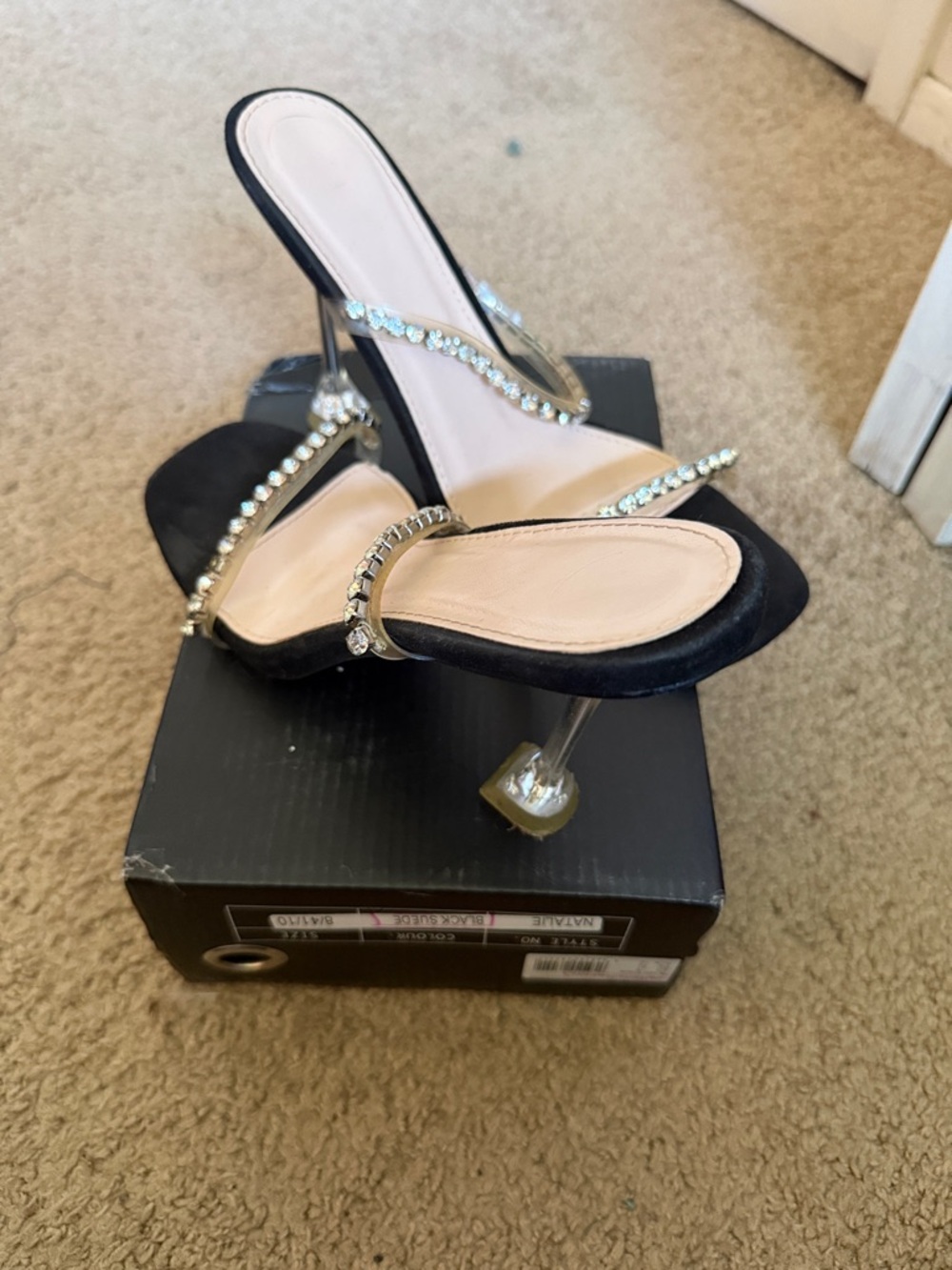 Missguided Black Crystal-Strap Stiletto Slide Sandals